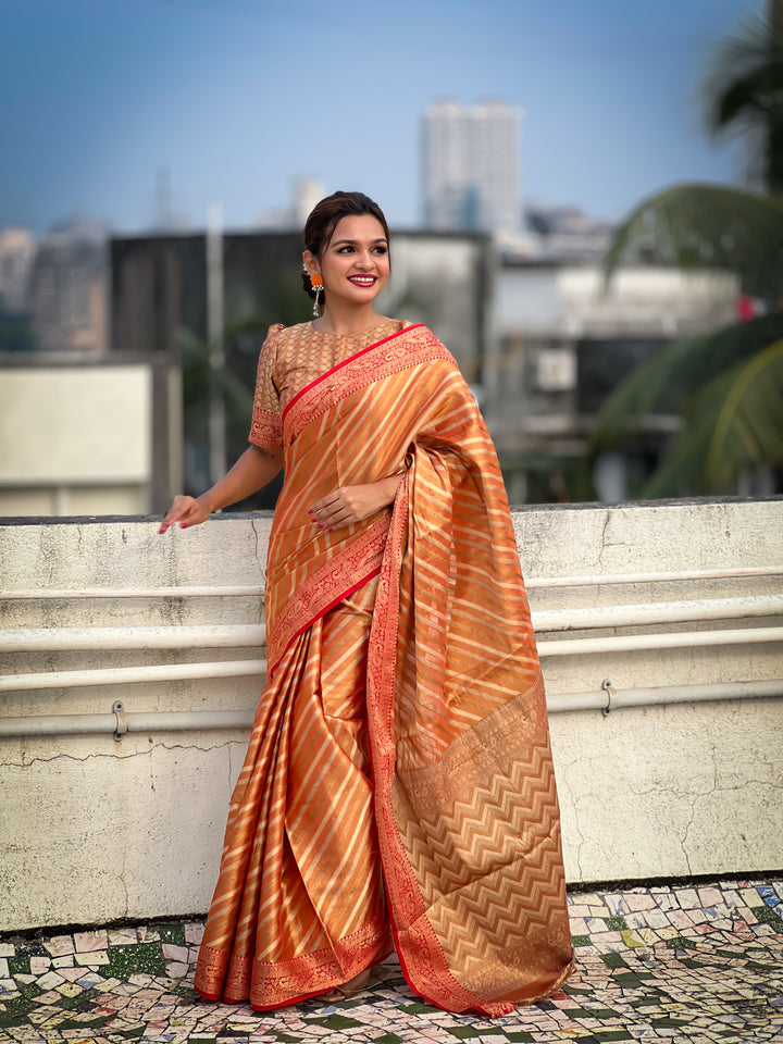 Designer Laheriya-Printed Jari-Tissue Saree for Special Events | Wedding & Festive Perfect