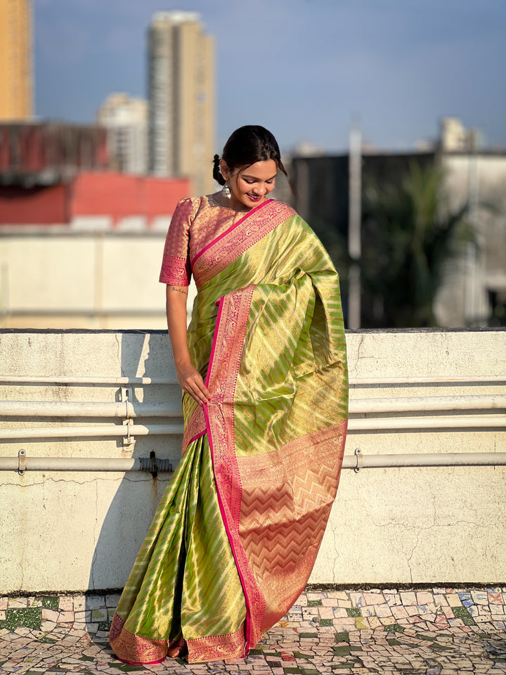 Designer Laheriya-Printed Jari-Tissue Saree for Special Events | Wedding & Festive Perfect