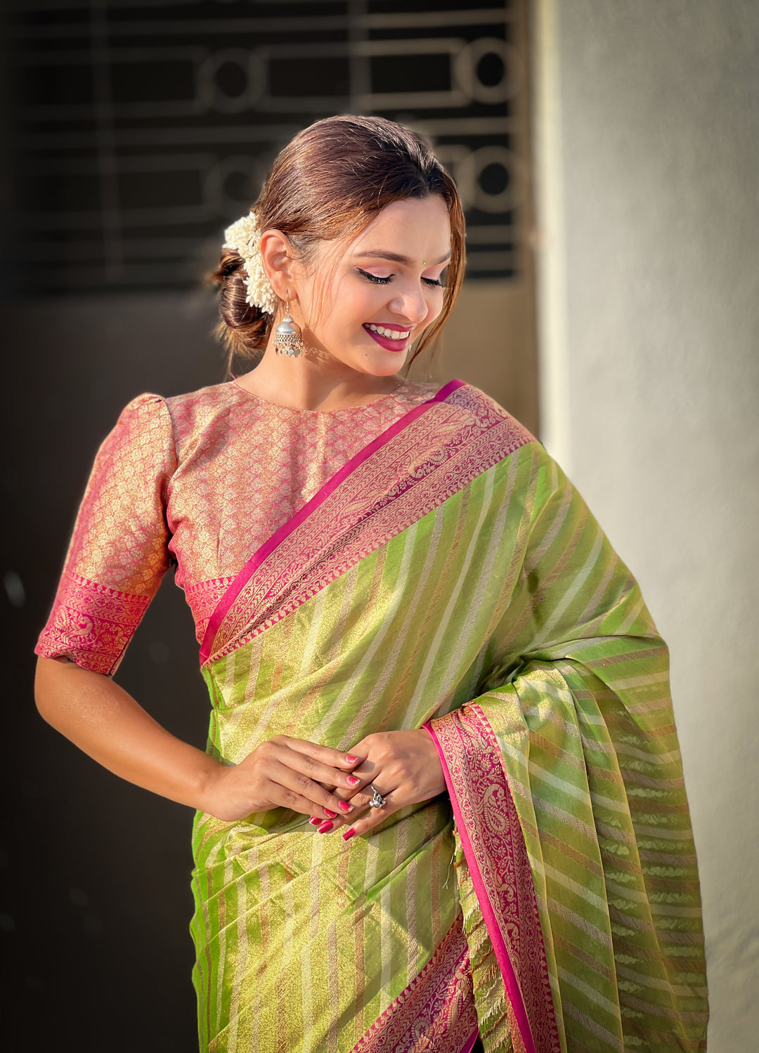 Designer Laheriya-Printed Jari-Tissue Saree for Special Events | Wedding & Festive Perfect