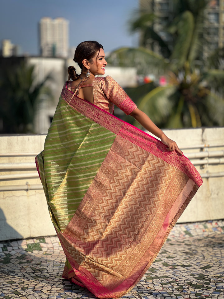 Designer Laheriya-Printed Jari-Tissue Saree for Special Events | Wedding & Festive Perfect