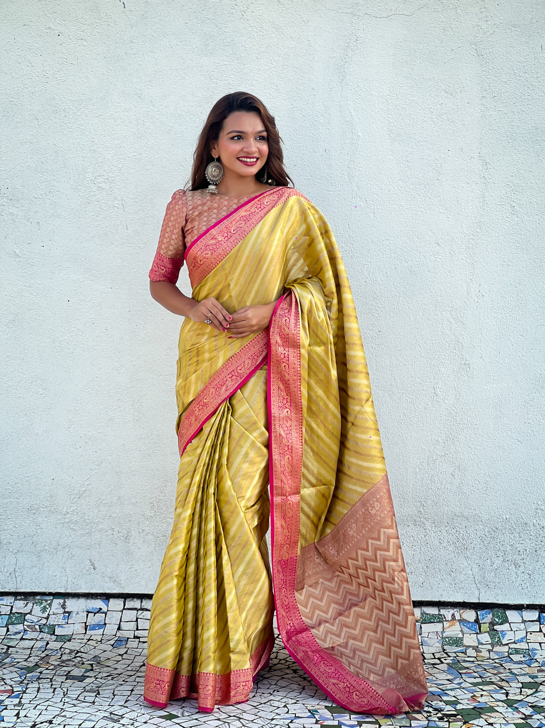 Designer Laheriya-Printed Jari-Tissue Saree for Special Events | Wedding & Festive Perfect