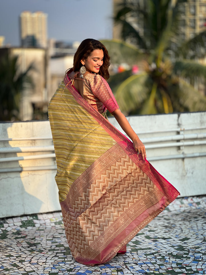 Designer Laheriya-Printed Jari-Tissue Saree for Special Events | Wedding & Festive Perfect