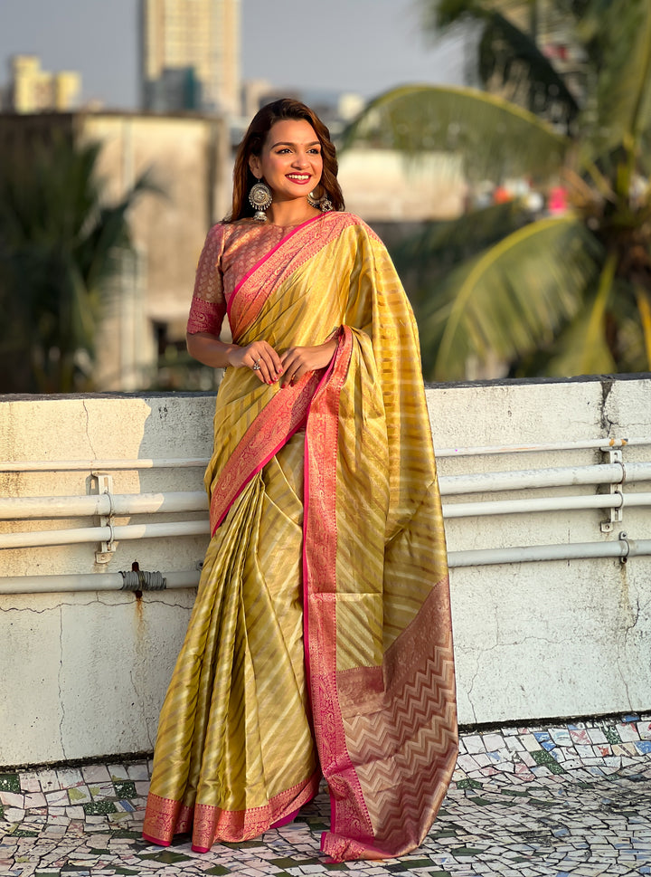 Designer Laheriya-Printed Jari-Tissue Saree for Special Events | Wedding & Festive Perfect