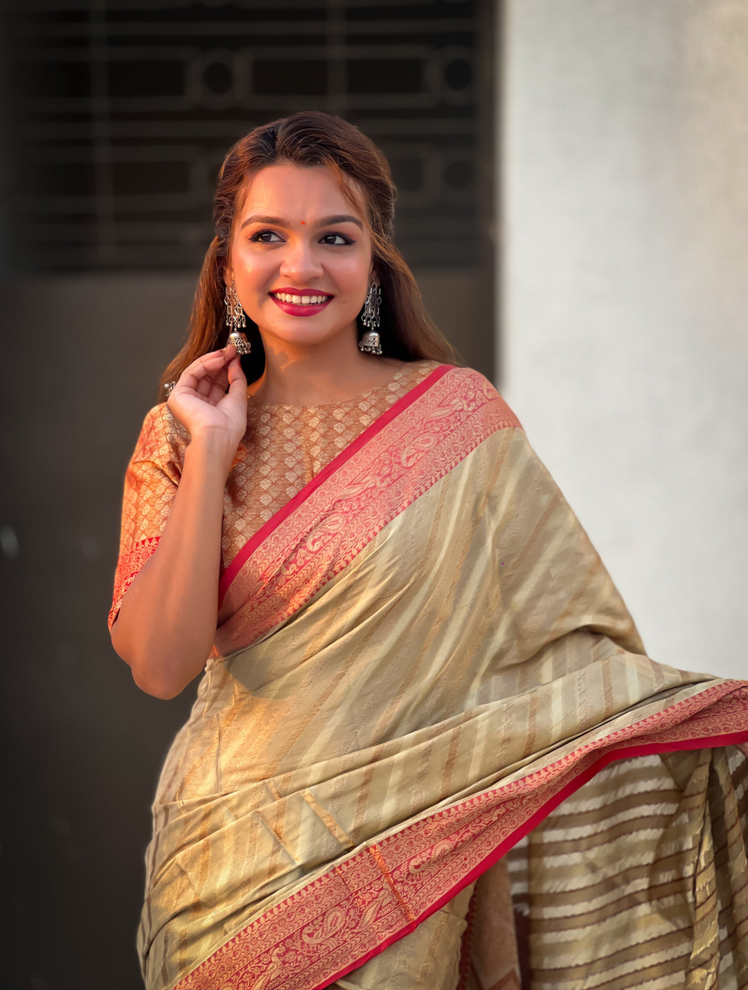 Designer Laheriya-Printed Jari-Tissue Saree for Special Events | Wedding & Festive Perfect