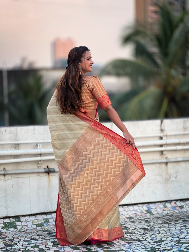 Designer Laheriya-Printed Jari-Tissue Saree for Special Events | Wedding & Festive Perfect