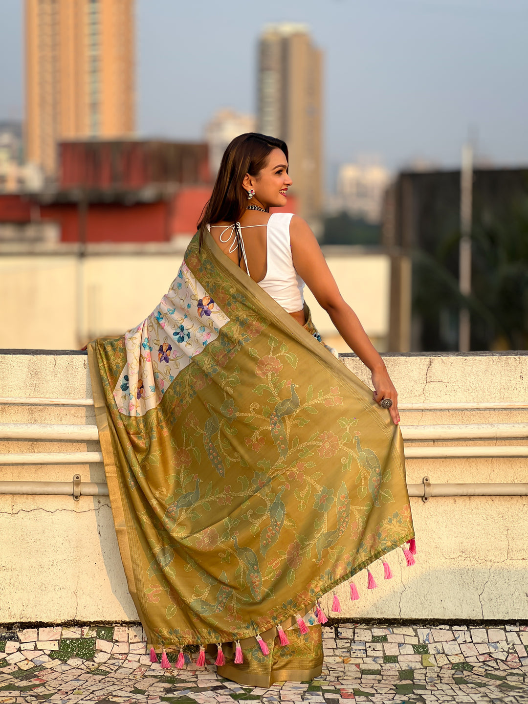 Designer Tussar Silk Saree | Jari & Kalamkari Work for Special Events