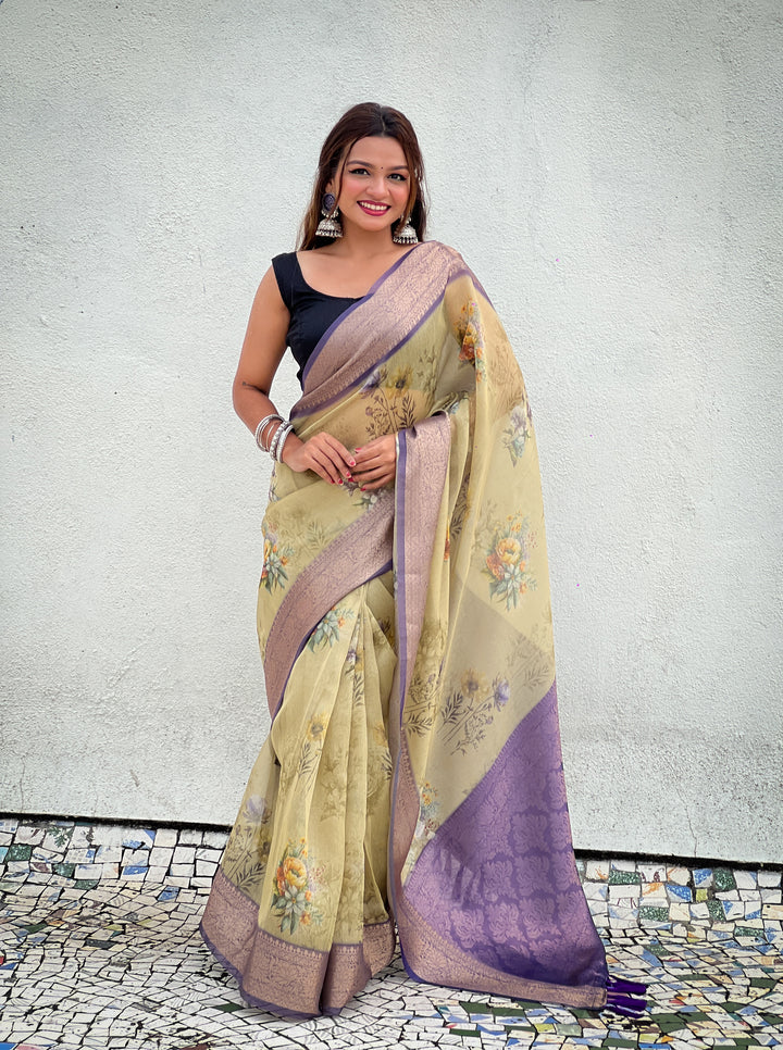 Designer Floral-Printed Tissue-Crush Saree | Special Event & Wedding Ready