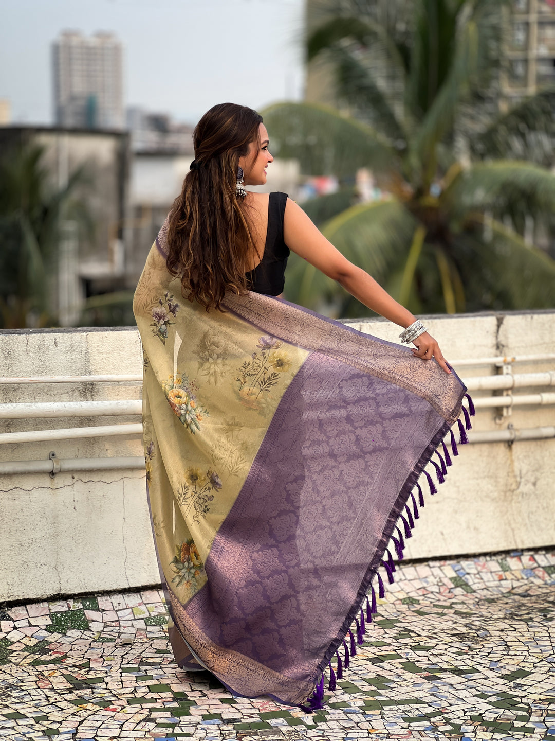 Designer Floral-Printed Tissue-Crush Saree | Special Event & Wedding Ready