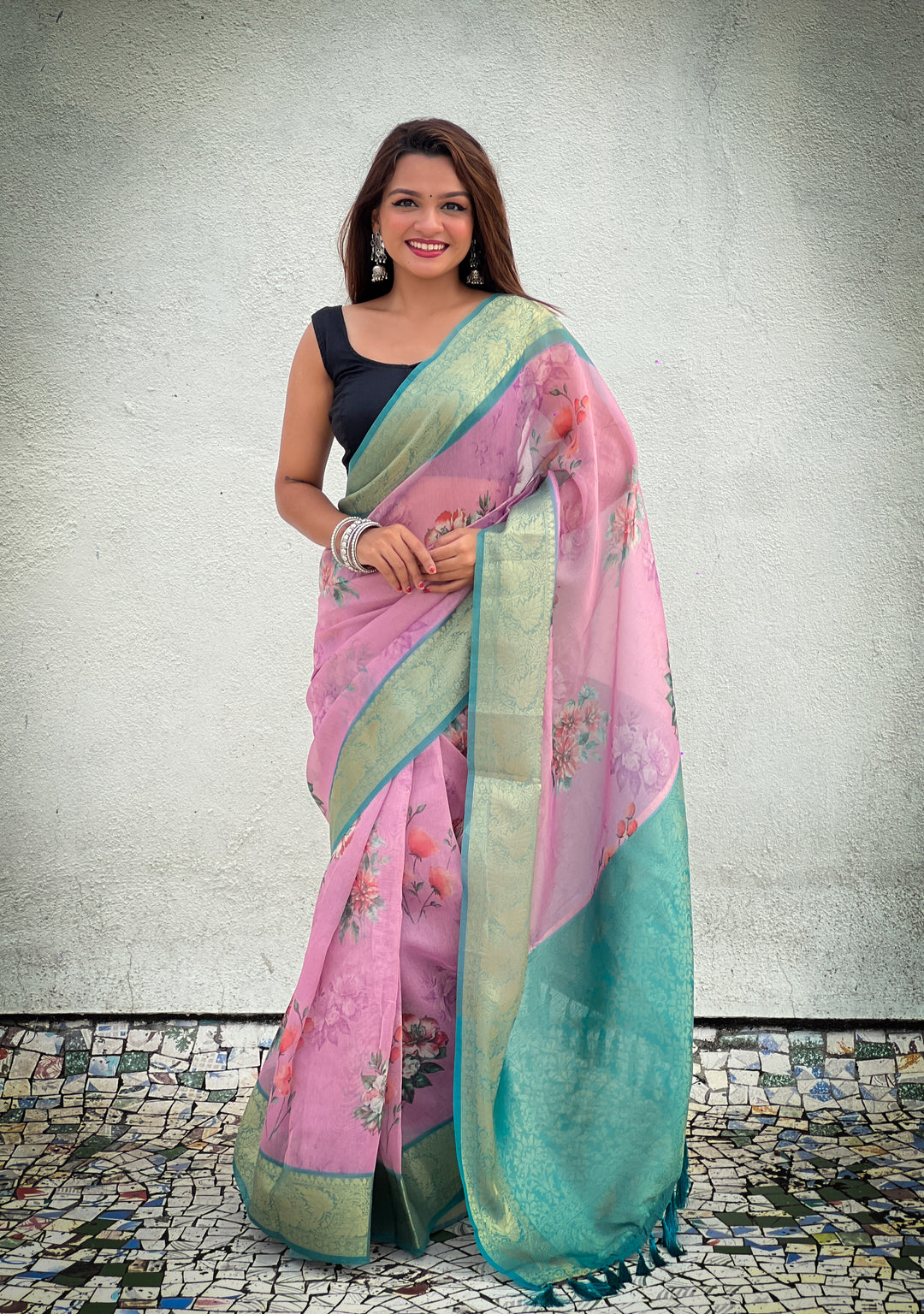 Designer Floral-Printed Tissue-Crush Saree | Special Event & Wedding Ready