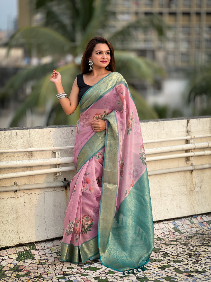 Designer Floral-Printed Tissue-Crush Saree | Special Event & Wedding Ready