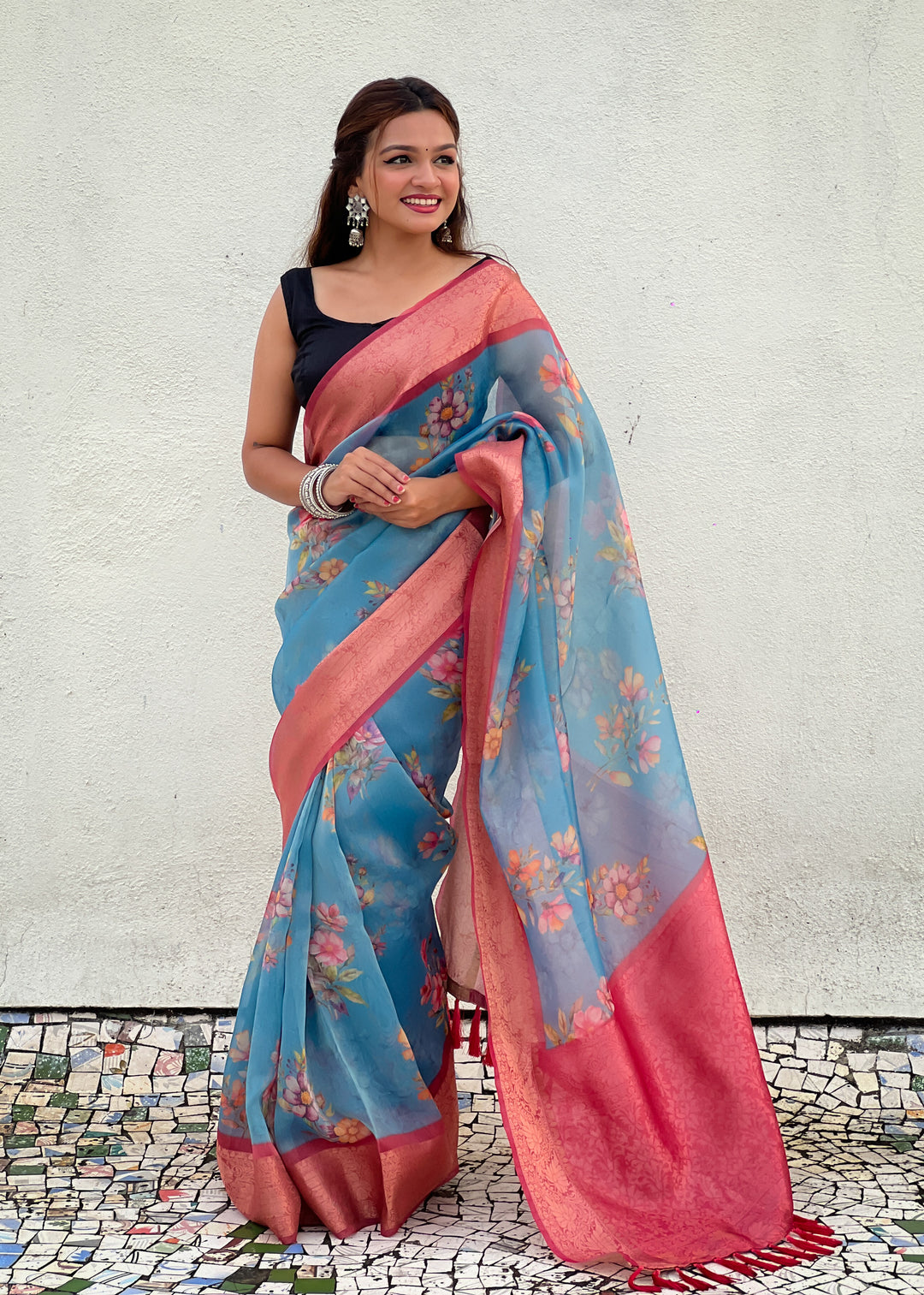 Designer Floral-Printed Tissue-Crush Saree | Special Event & Wedding Ready