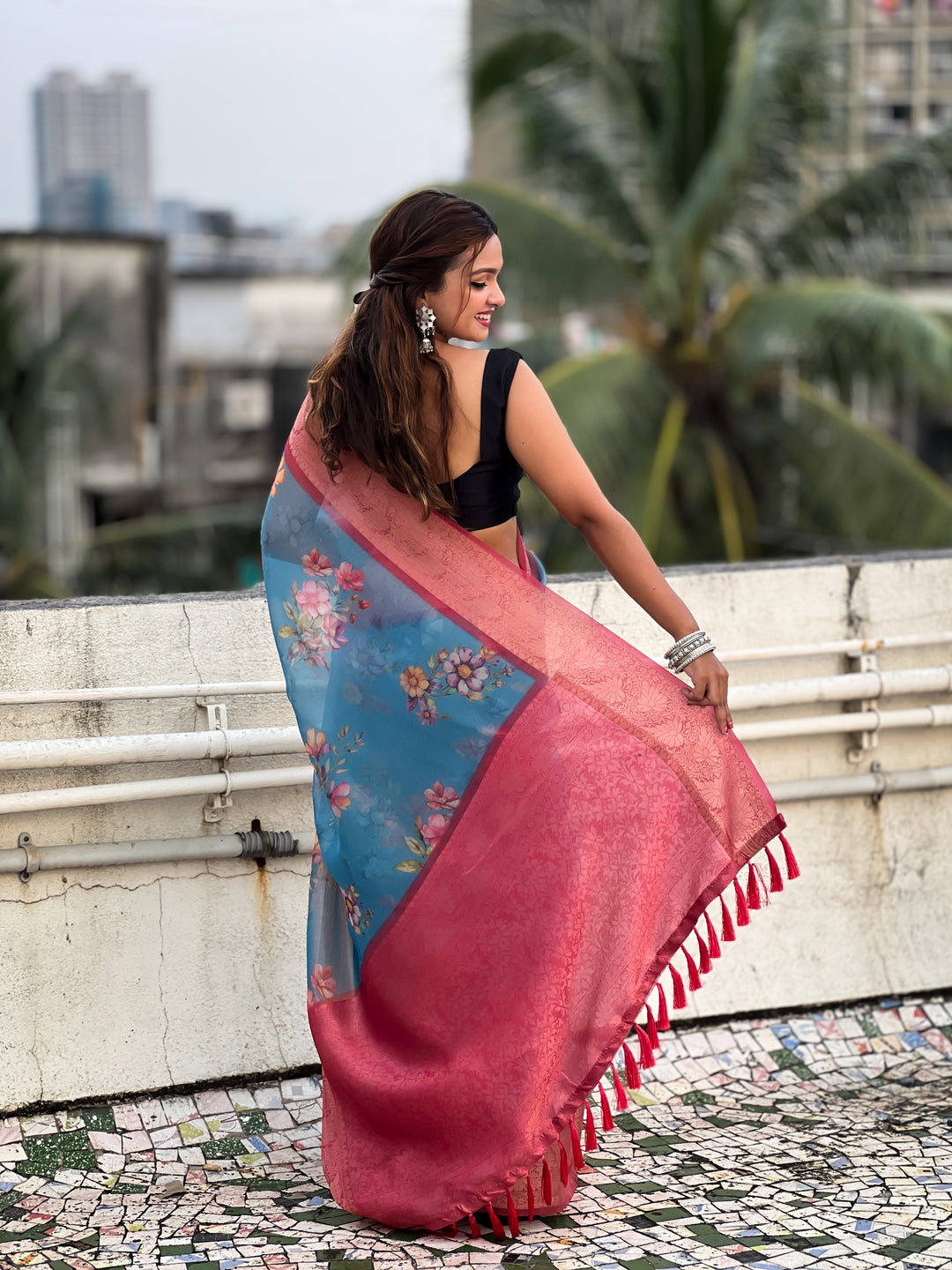 Designer Floral-Printed Tissue-Crush Saree | Special Event & Wedding Ready