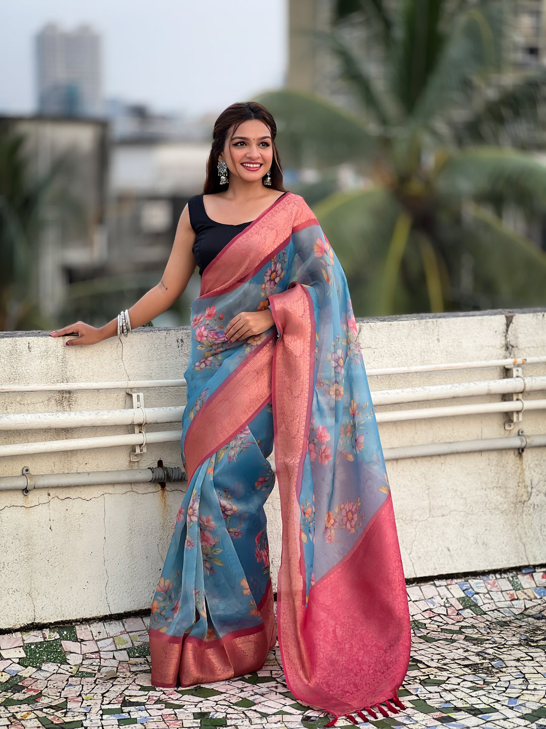 Designer Floral-Printed Tissue-Crush Saree | Special Event & Wedding Ready