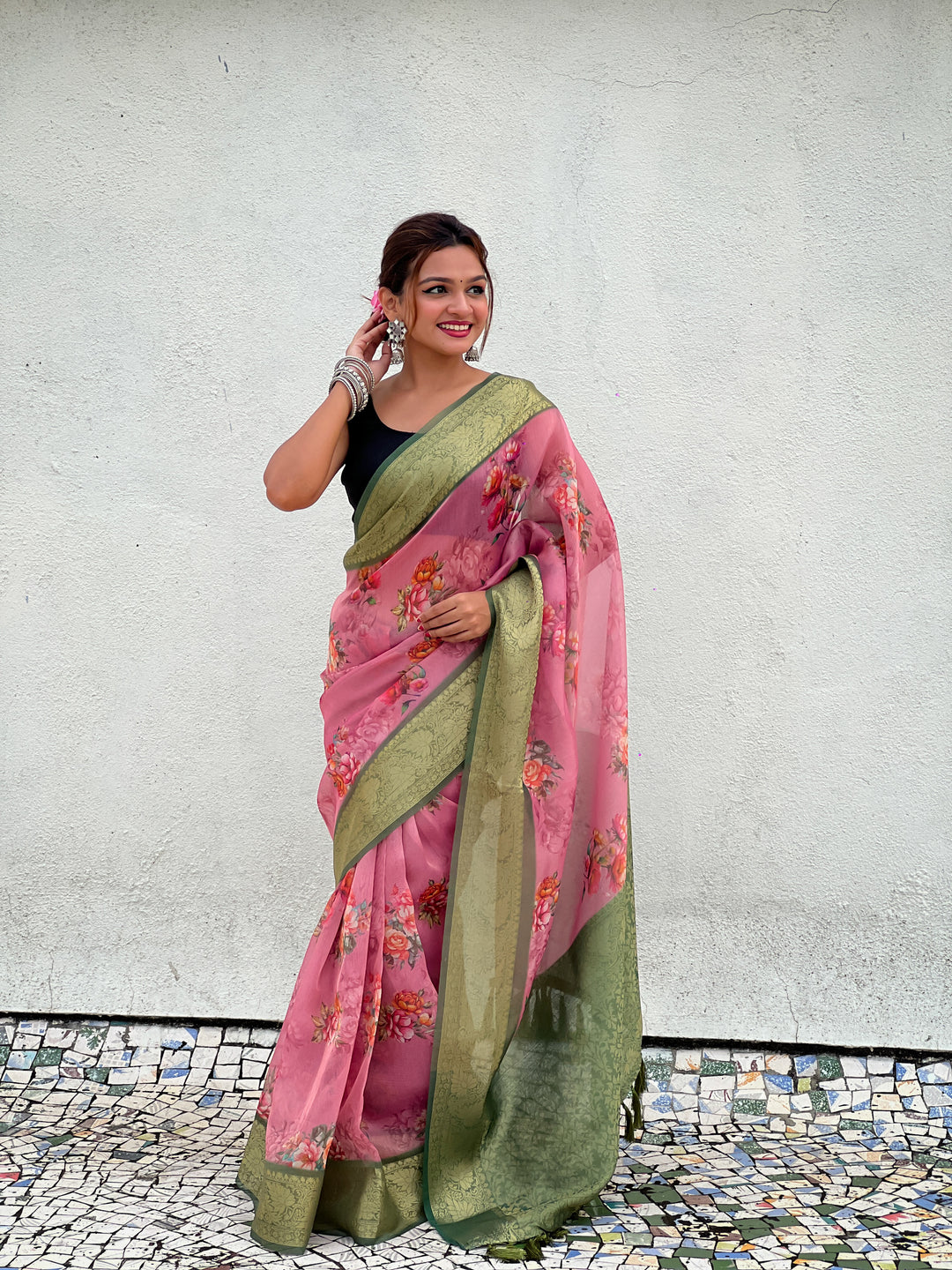 Designer Floral-Printed Tissue-Crush Saree | Special Event & Wedding Ready