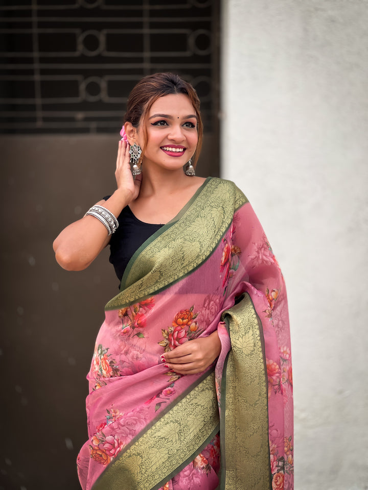 Designer Floral-Printed Tissue-Crush Saree | Special Event & Wedding Ready