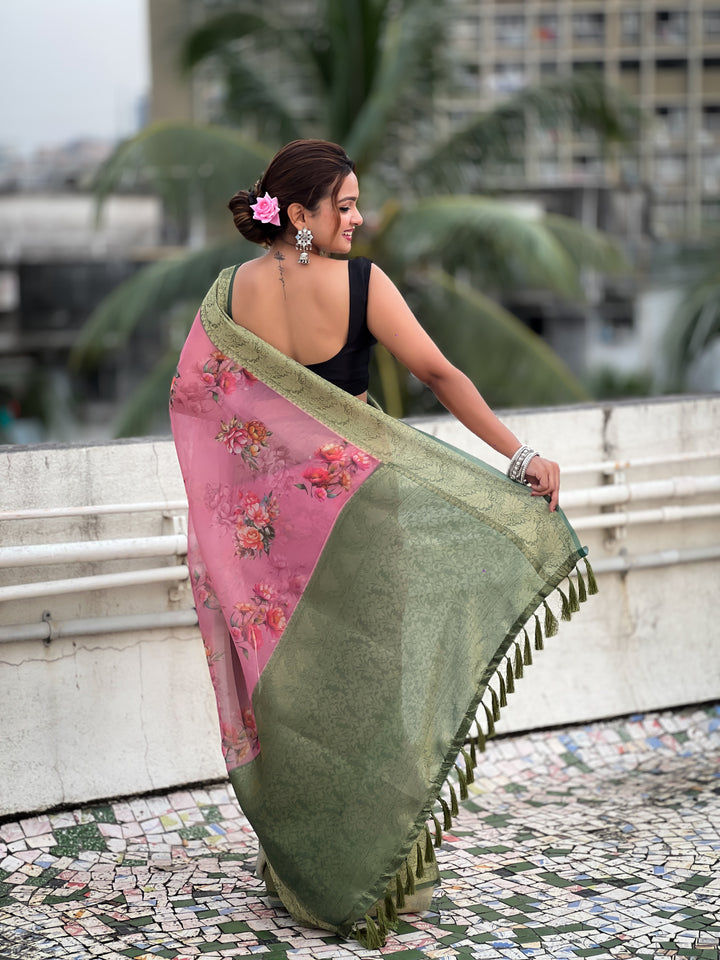 Designer Floral-Printed Tissue-Crush Saree | Special Event & Wedding Ready