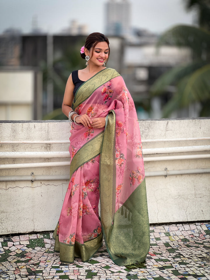 Designer Floral-Printed Tissue-Crush Saree | Special Event & Wedding Ready