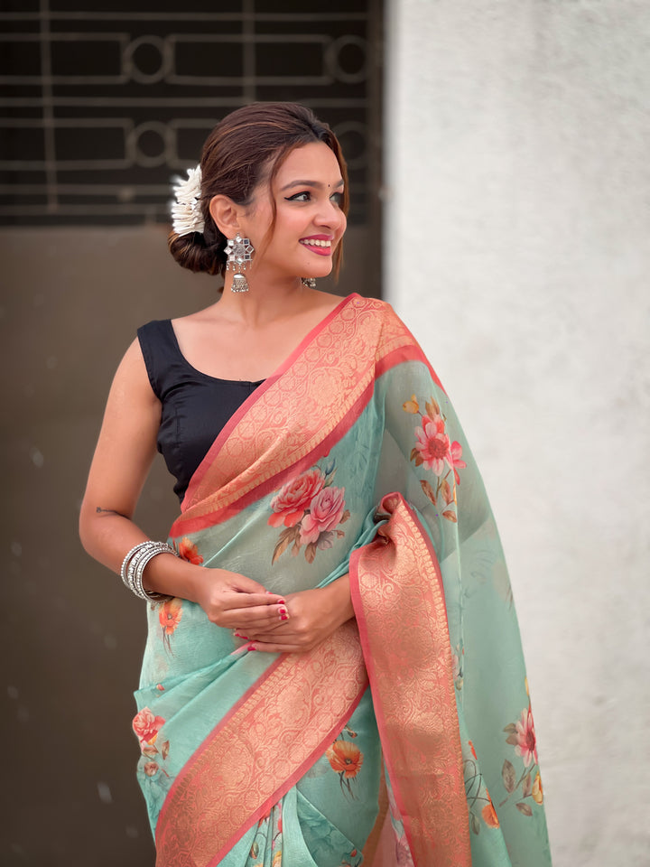 Designer Floral-Printed Tissue-Crush Saree | Special Event & Wedding Ready