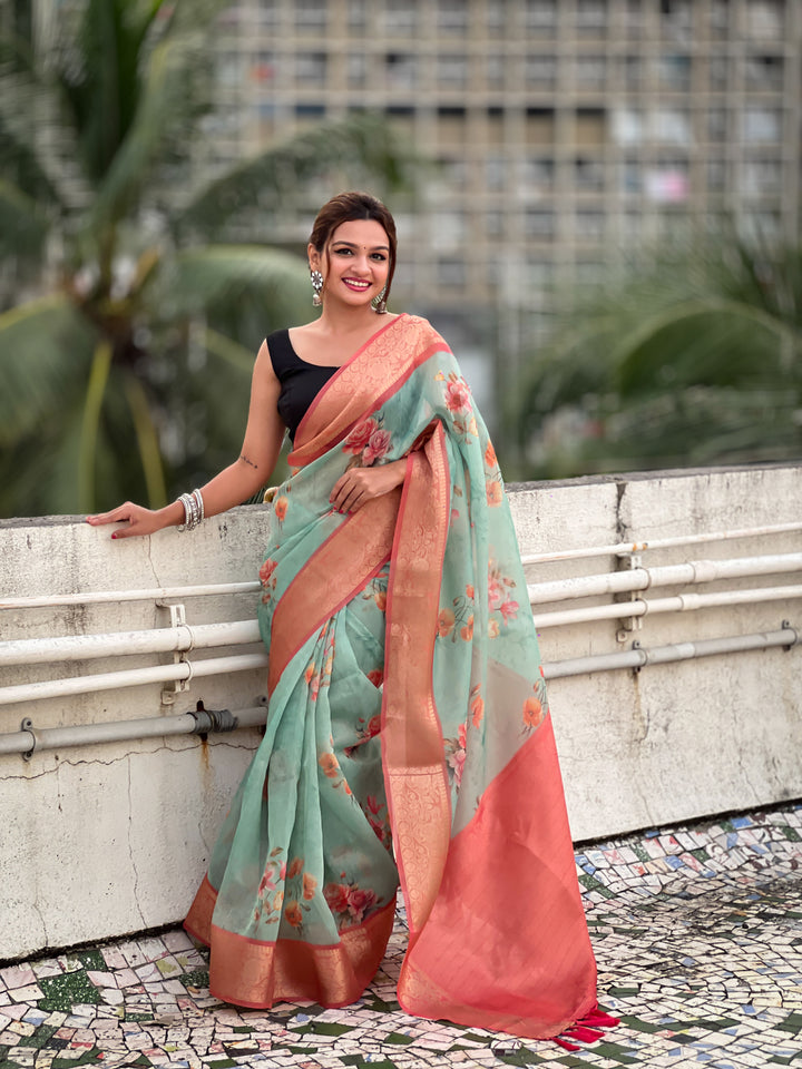 Designer Floral-Printed Tissue-Crush Saree | Special Event & Wedding Ready