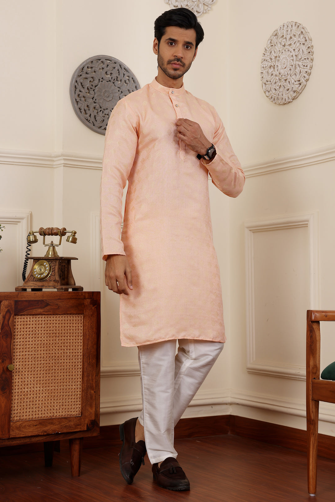 Traditional Peach Men's Kurta | Premium Viscose Fabric with Jacquard Details