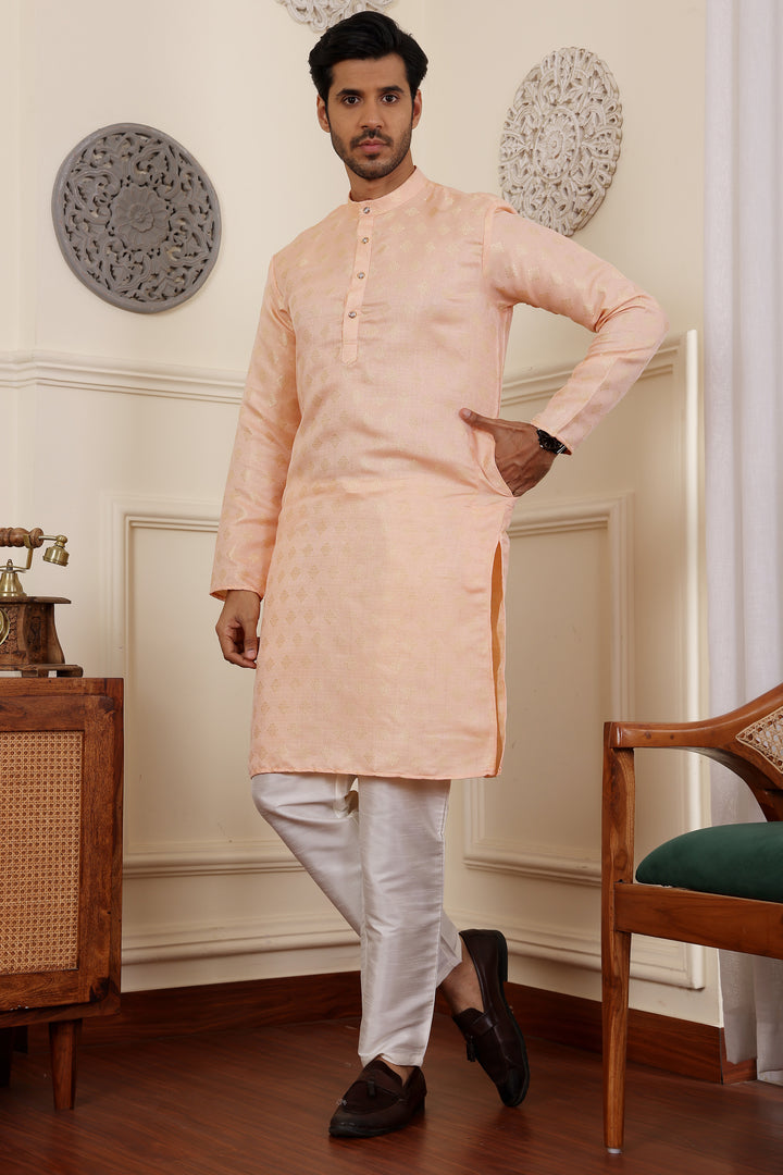 Traditional Peach Men's Kurta | Premium Viscose Fabric with Jacquard Details