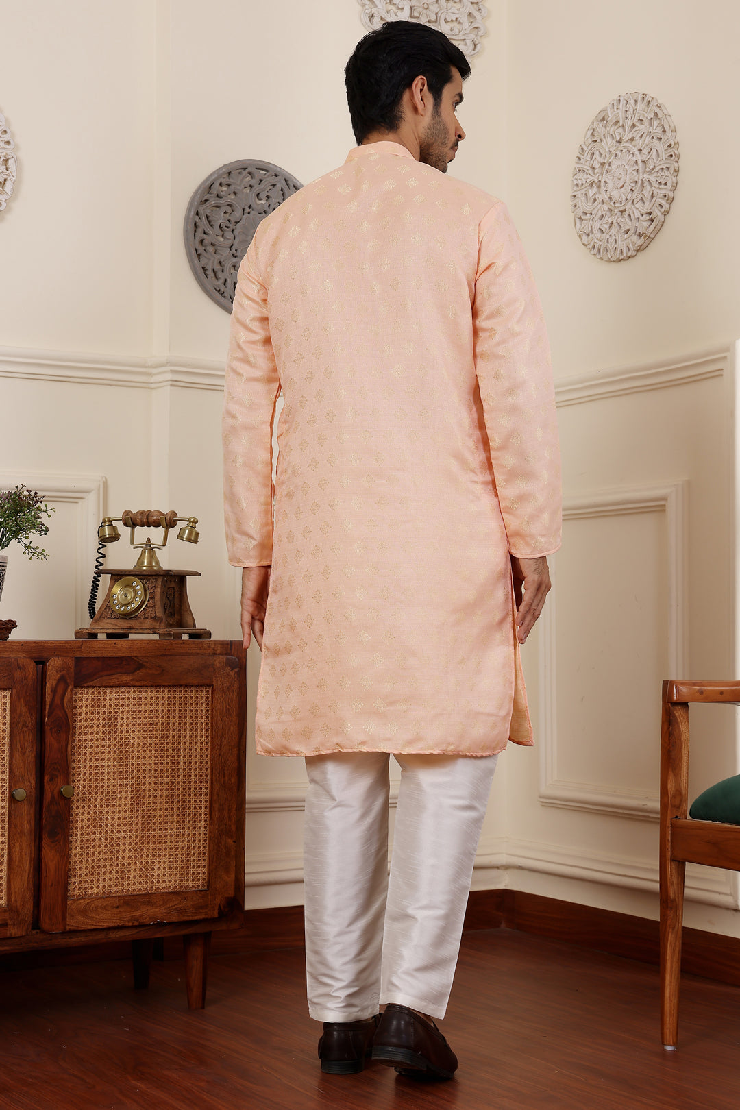 Traditional Peach Men's Kurta | Premium Viscose Fabric with Jacquard Details