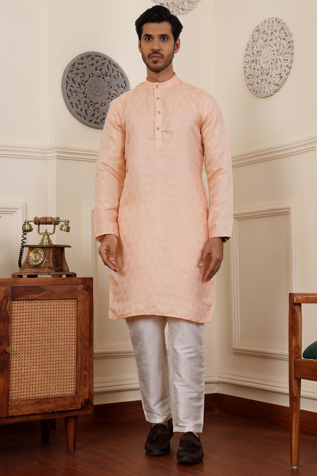 Traditional Peach Men's Kurta | Premium Viscose Fabric with Jacquard Details