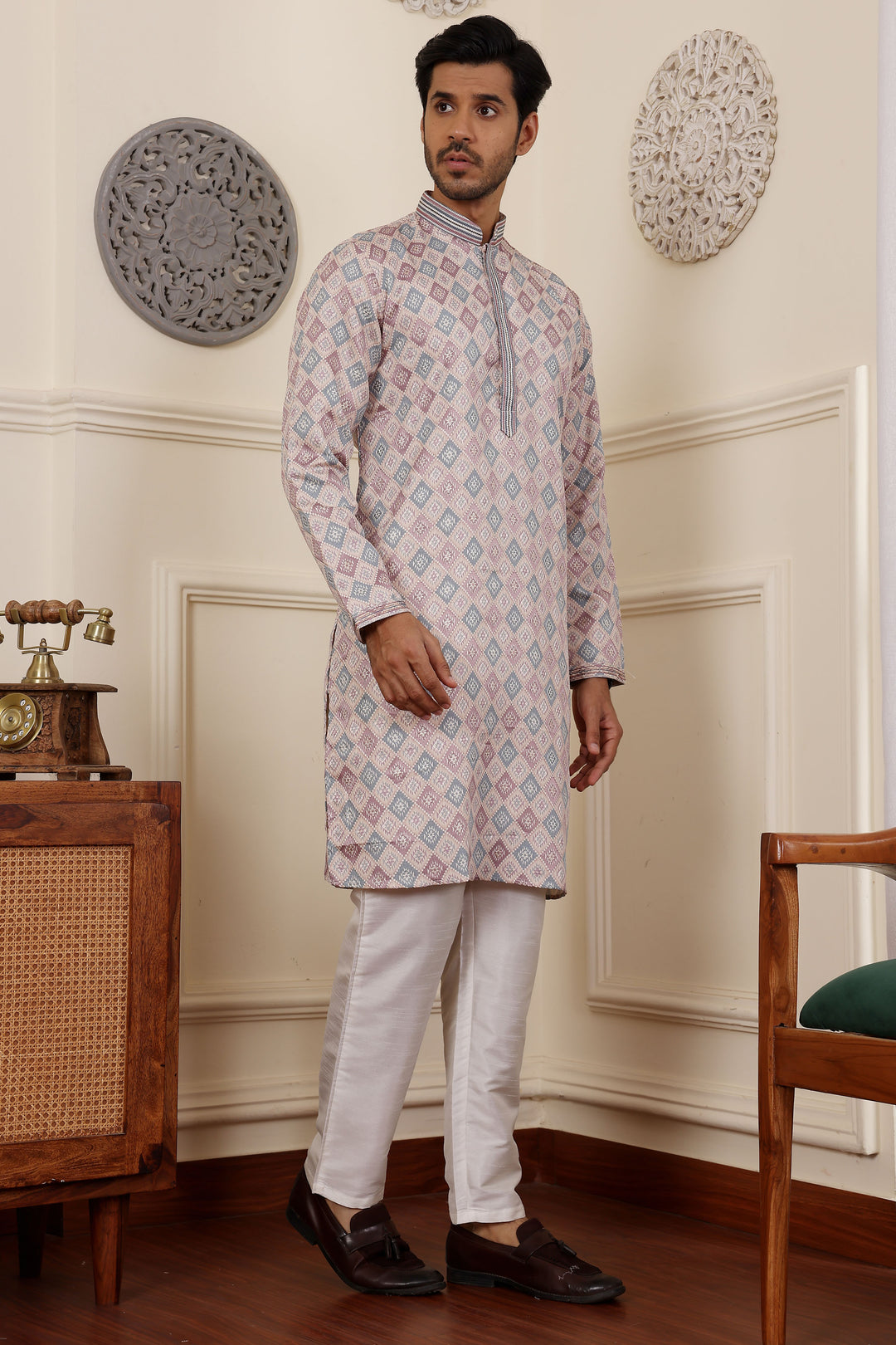 Elegant Cream Viscose Kurta | Art Silk Pajama with Wevon Jacquard Design