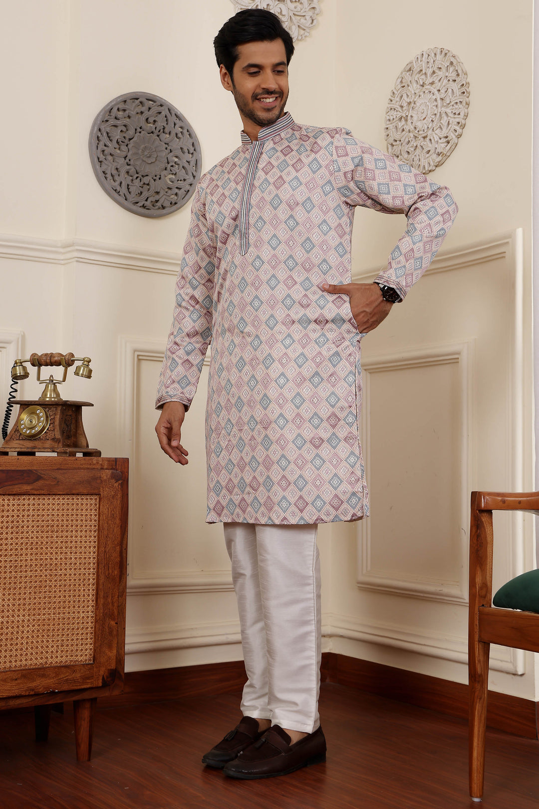 Elegant Cream Viscose Kurta | Art Silk Pajama with Wevon Jacquard Design