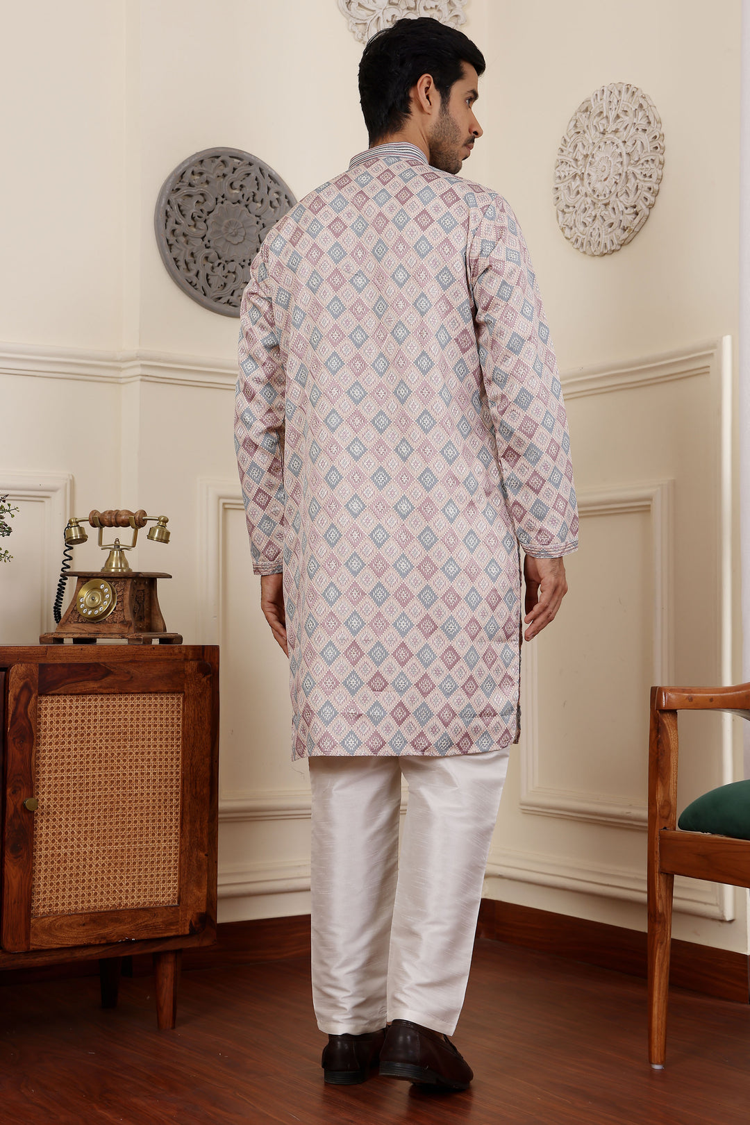 Elegant Cream Viscose Kurta | Art Silk Pajama with Wevon Jacquard Design