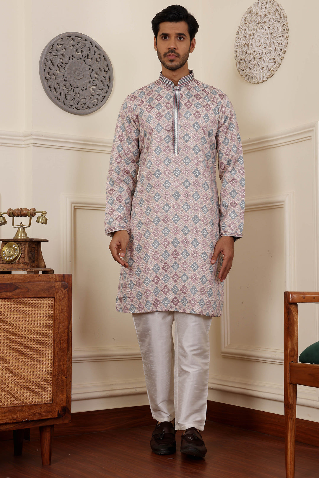 Elegant Cream Viscose Kurta | Art Silk Pajama with Wevon Jacquard Design