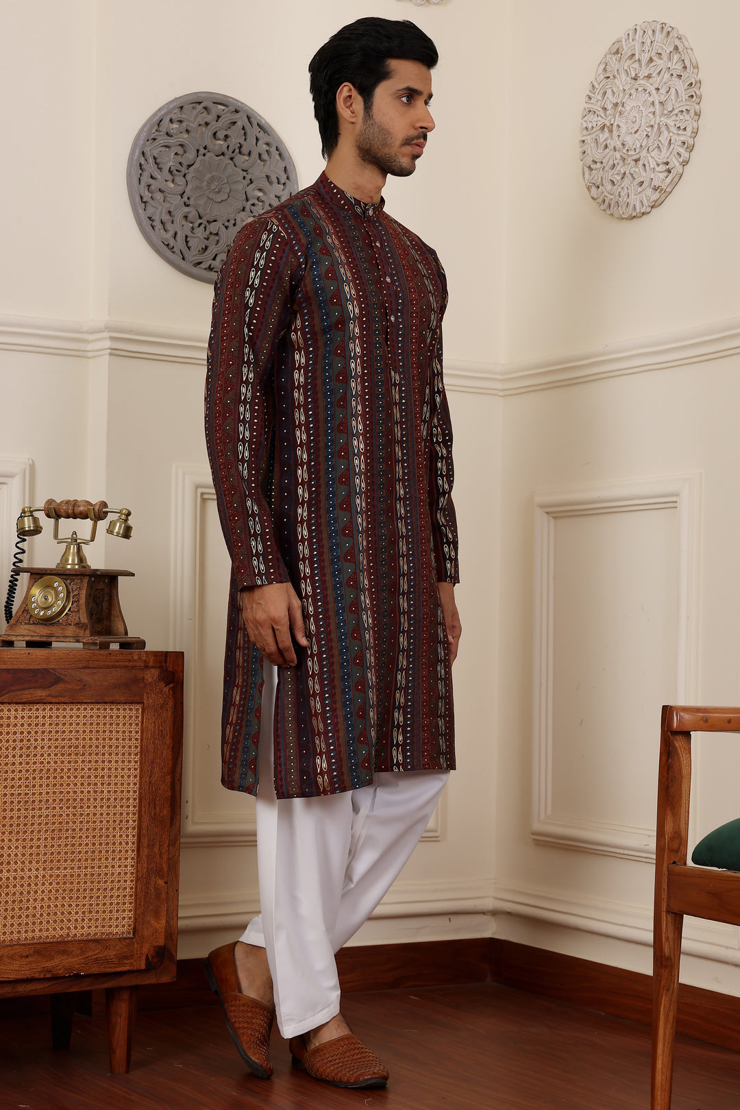 Designer Festive Maroon Kurta Set | Modal Silk Top & Art Silk Bottom for Men