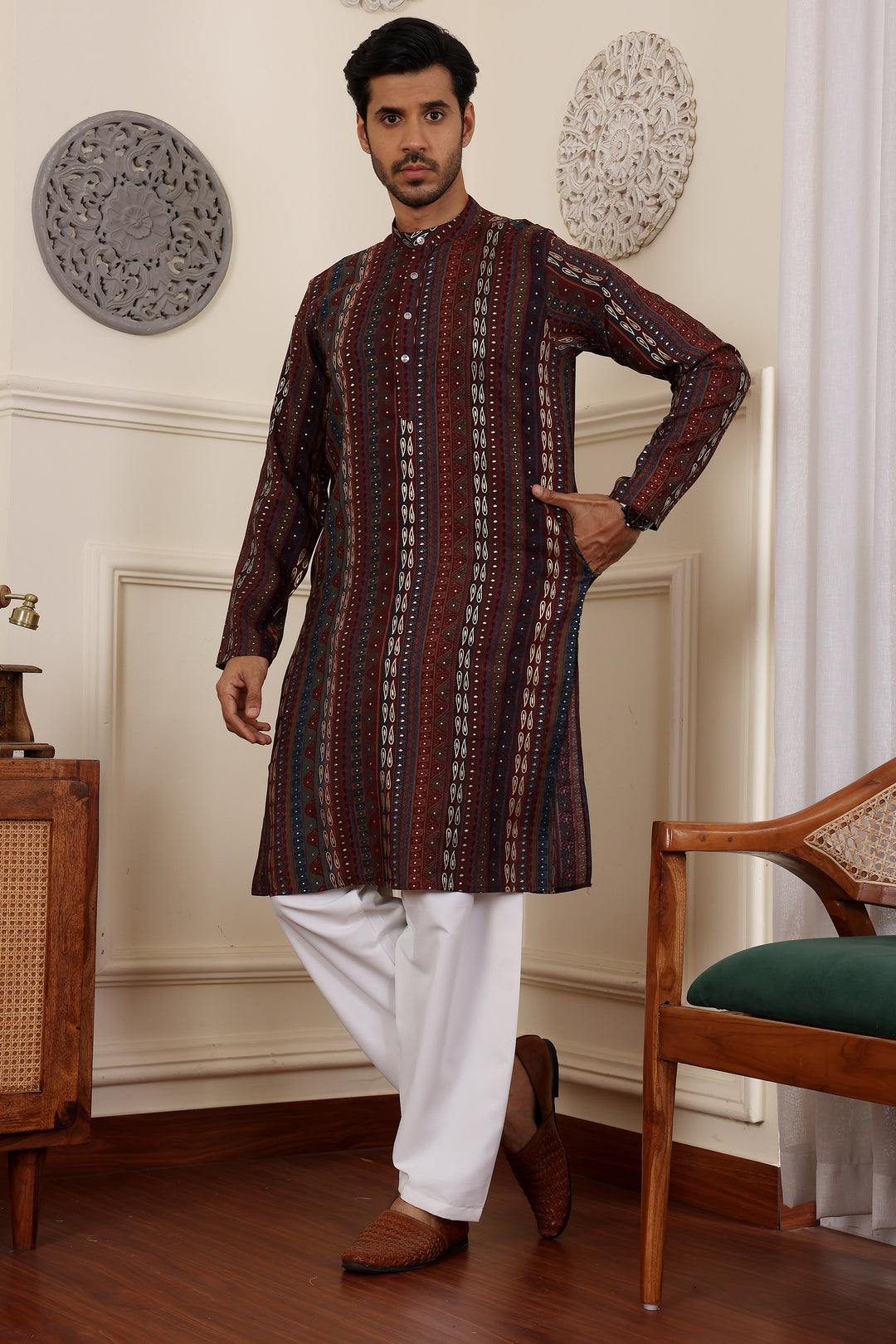 Designer Festive Maroon Kurta Set | Modal Silk Top & Art Silk Bottom for Men