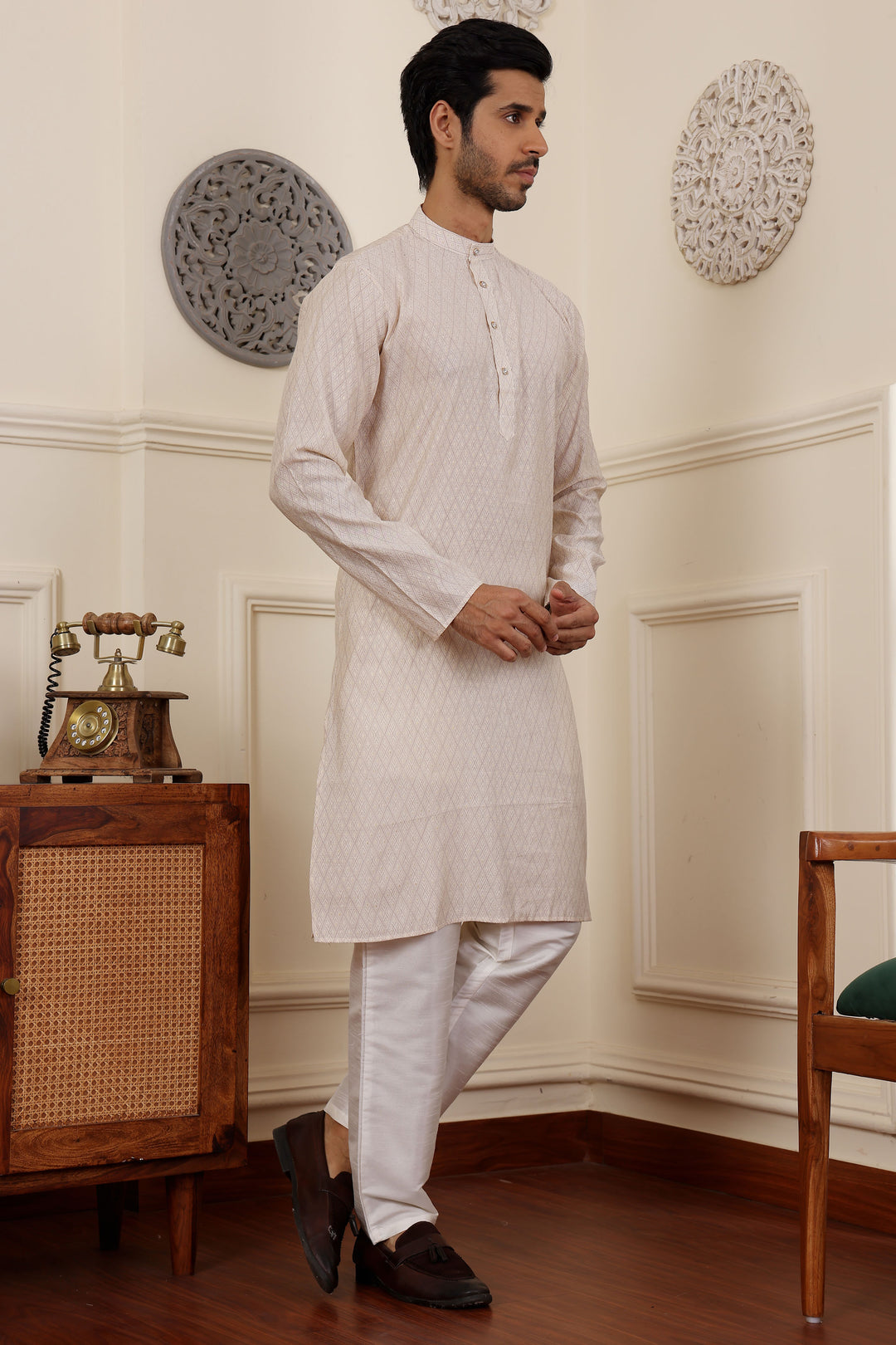 Traditional White Men's Kurta | Premium Modal Silk with Designer Details