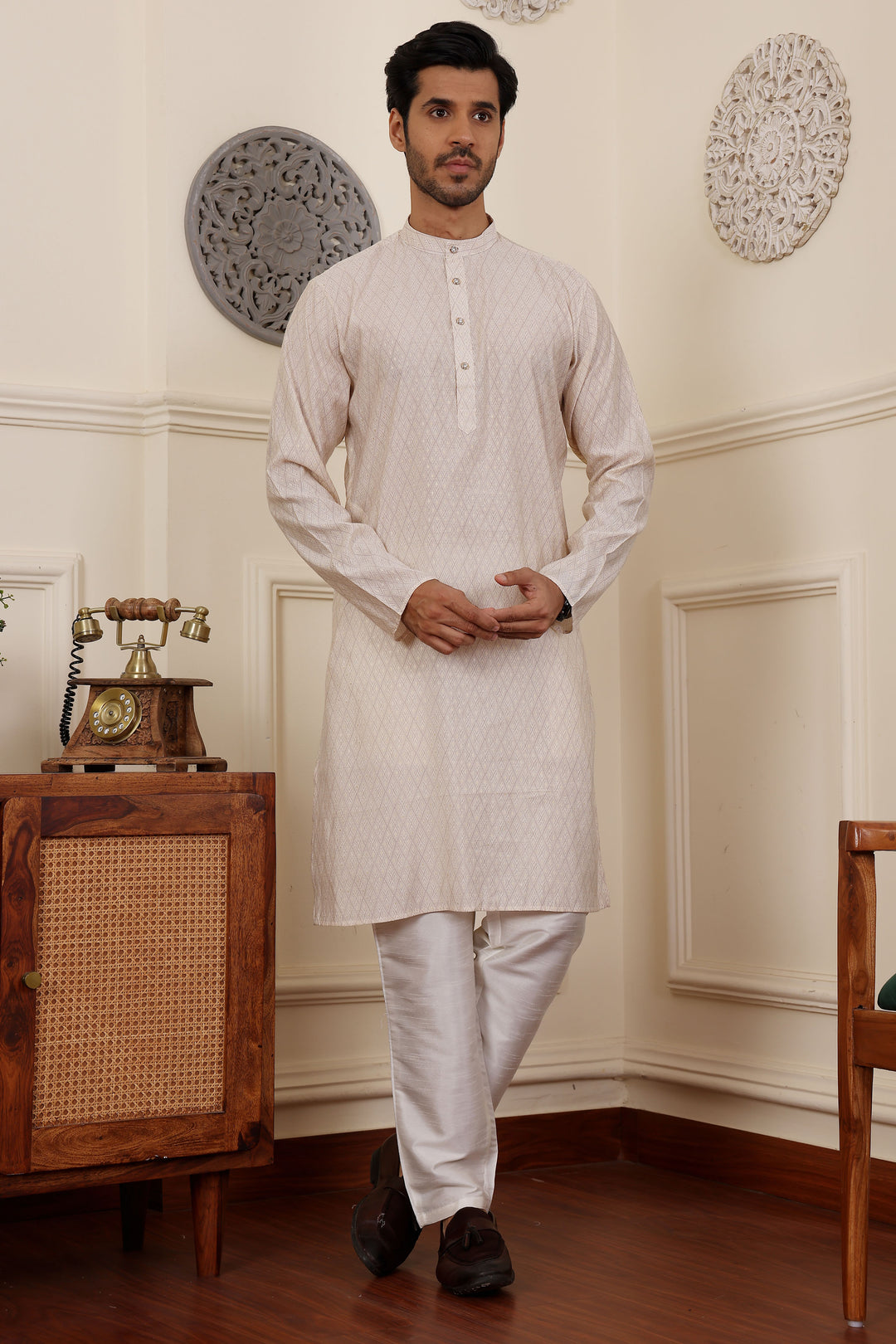 Traditional White Men's Kurta | Premium Modal Silk with Designer Details