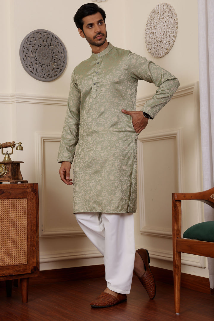 Festive Wear Pista Green Kurta Pajama | Stylish Viscose & Art Silk Ensemble