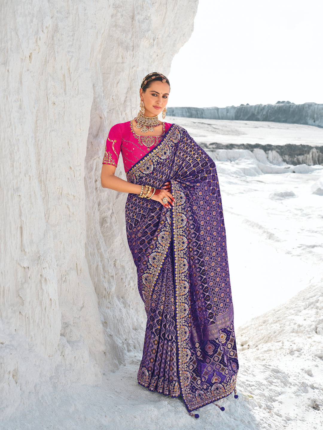 Georgette Saree with Weavin-Jari & Bandhani Prints | Embroidered for Weddings