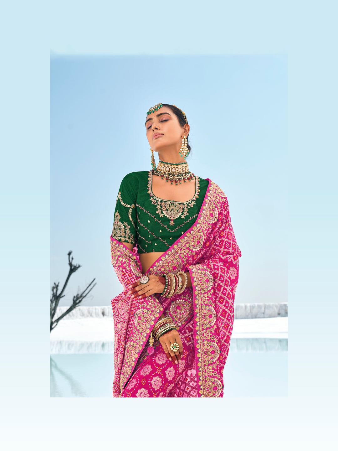 Elegant Georgette Saree | Designer Wevon-Jari & Bandhani Print for Weddings