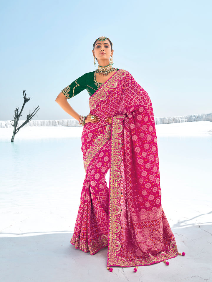 Elegant Georgette Saree | Designer Wevon-Jari & Bandhani Print for Weddings