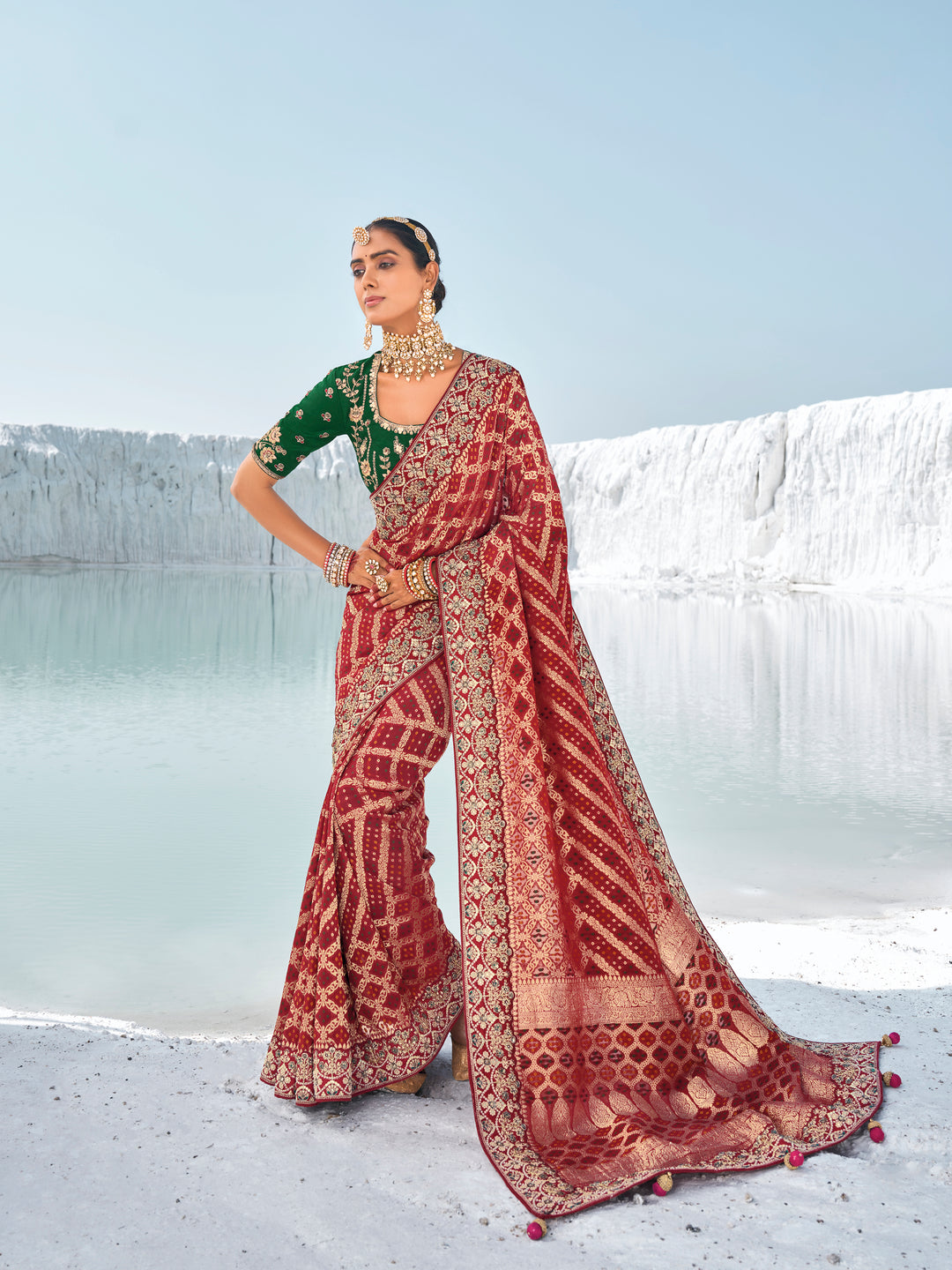 Georgette Saree with Woven Jari & Bandhani Print | Designer Embroidery for Weddings