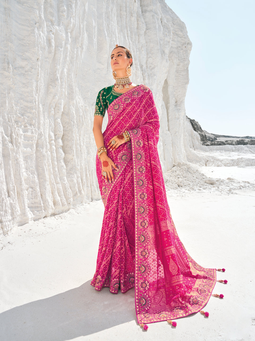 Elegant Georgette Saree with Art-Silk Blouse | Woven Jari & Bandhani Print