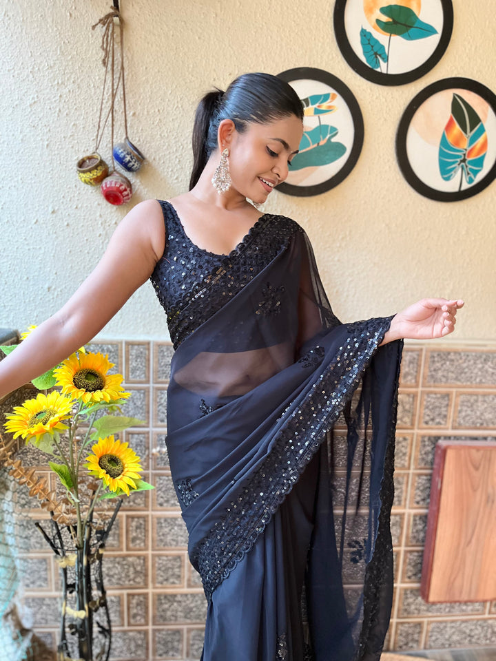 Elegant Georgette Saree | Diamond-Silk Blouse | Sequined Embroidery & Cut-work