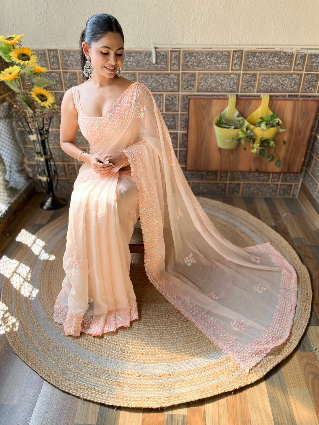 Elegant Georgette Saree | Diamond-Silk Blouse | Sequined Embroidery & Cut-work