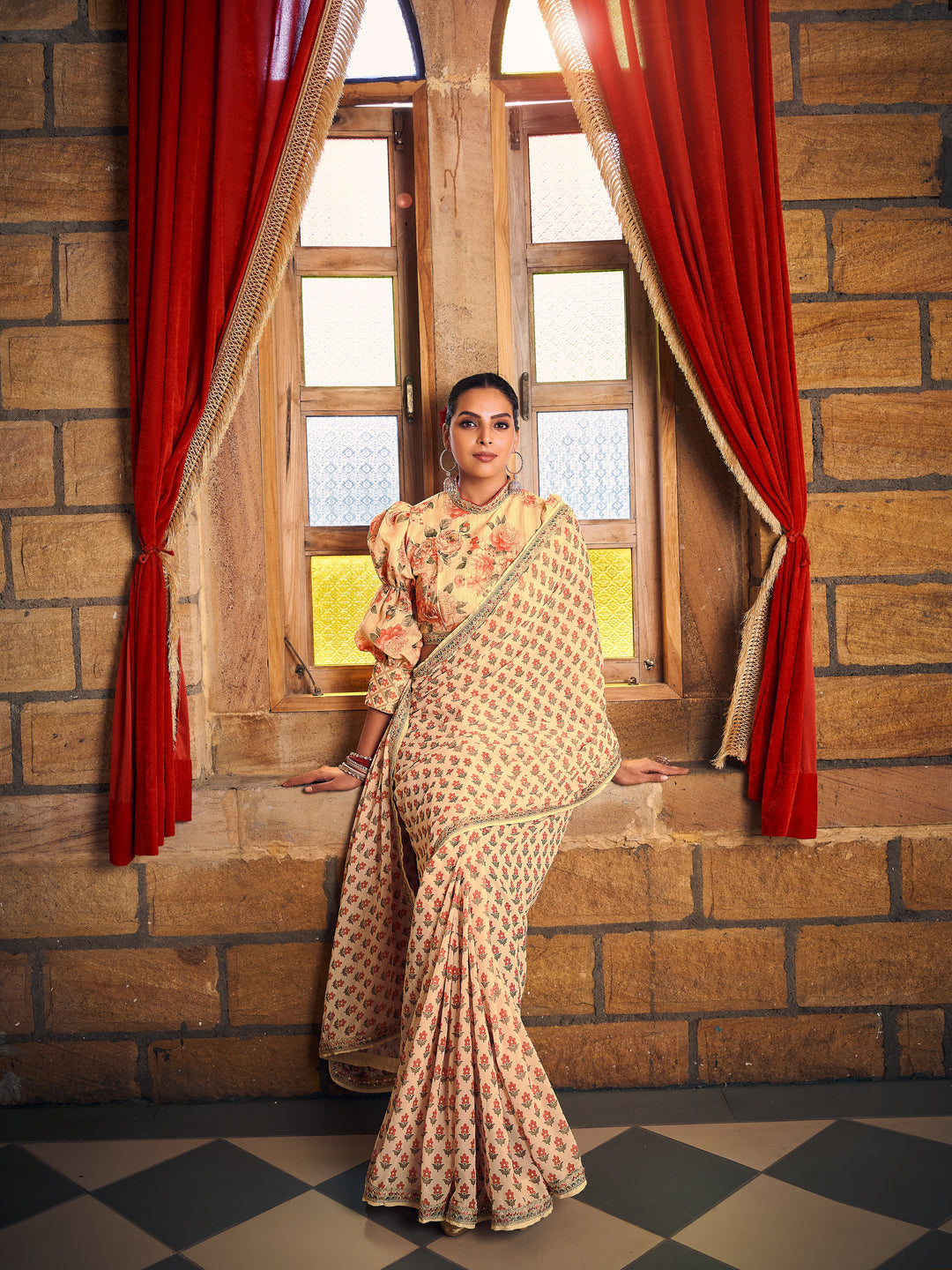 Stunning Georgette Saree | Digital Printed With Lace Work Work for Partywear