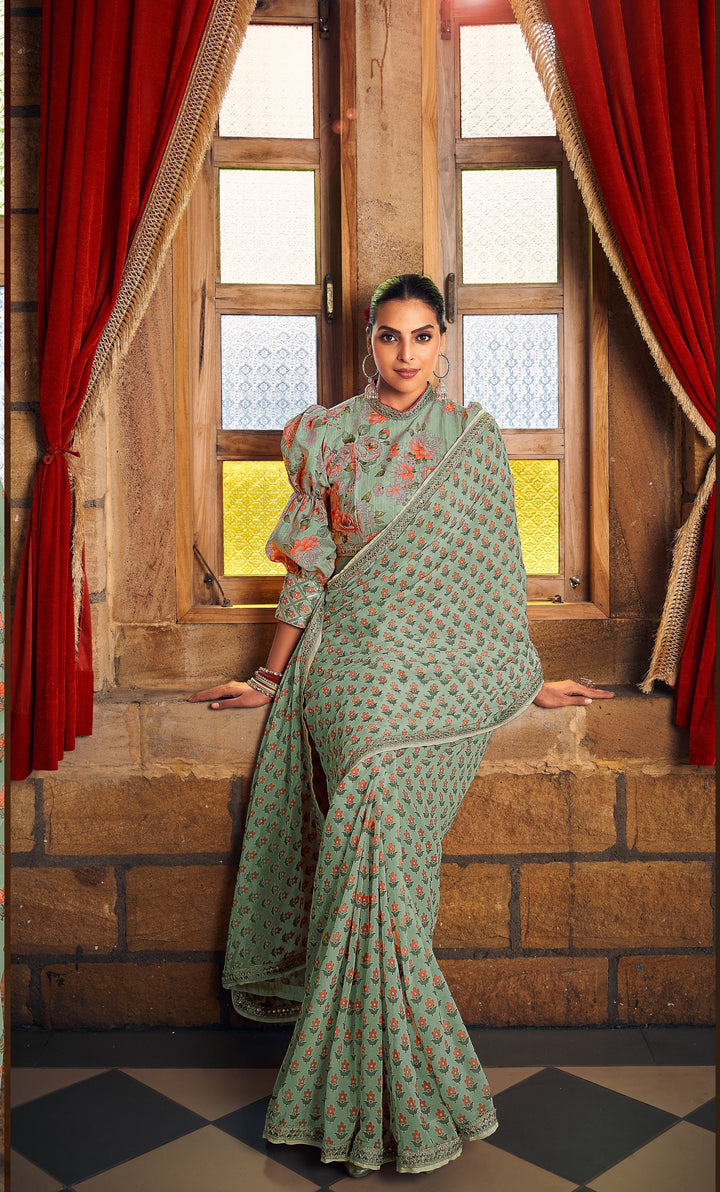 Stunning Georgette Saree | Digital Printed With Lace Work Work for Partywear