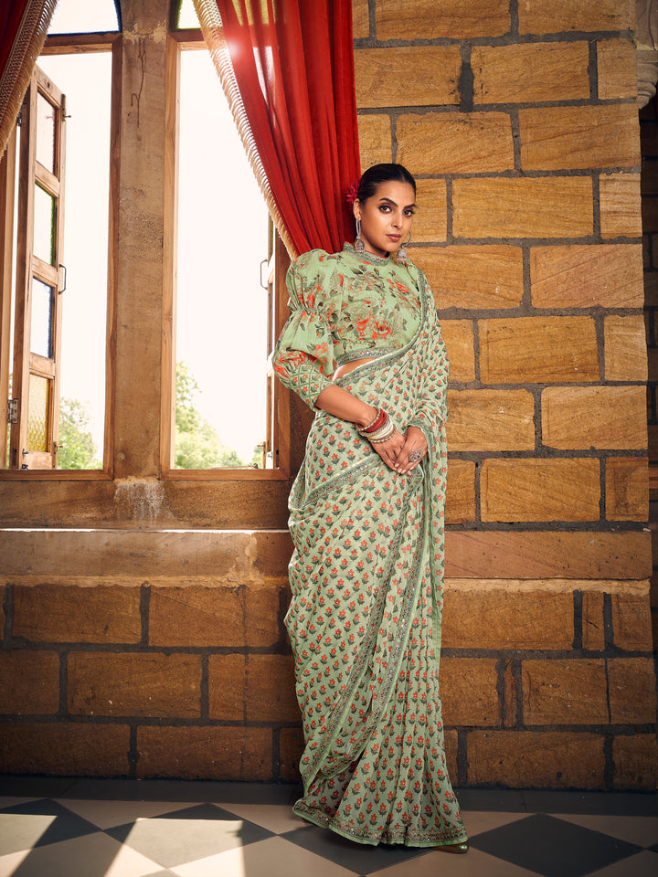 Stunning Georgette Saree | Digital Printed With Lace Work Work for Partywear