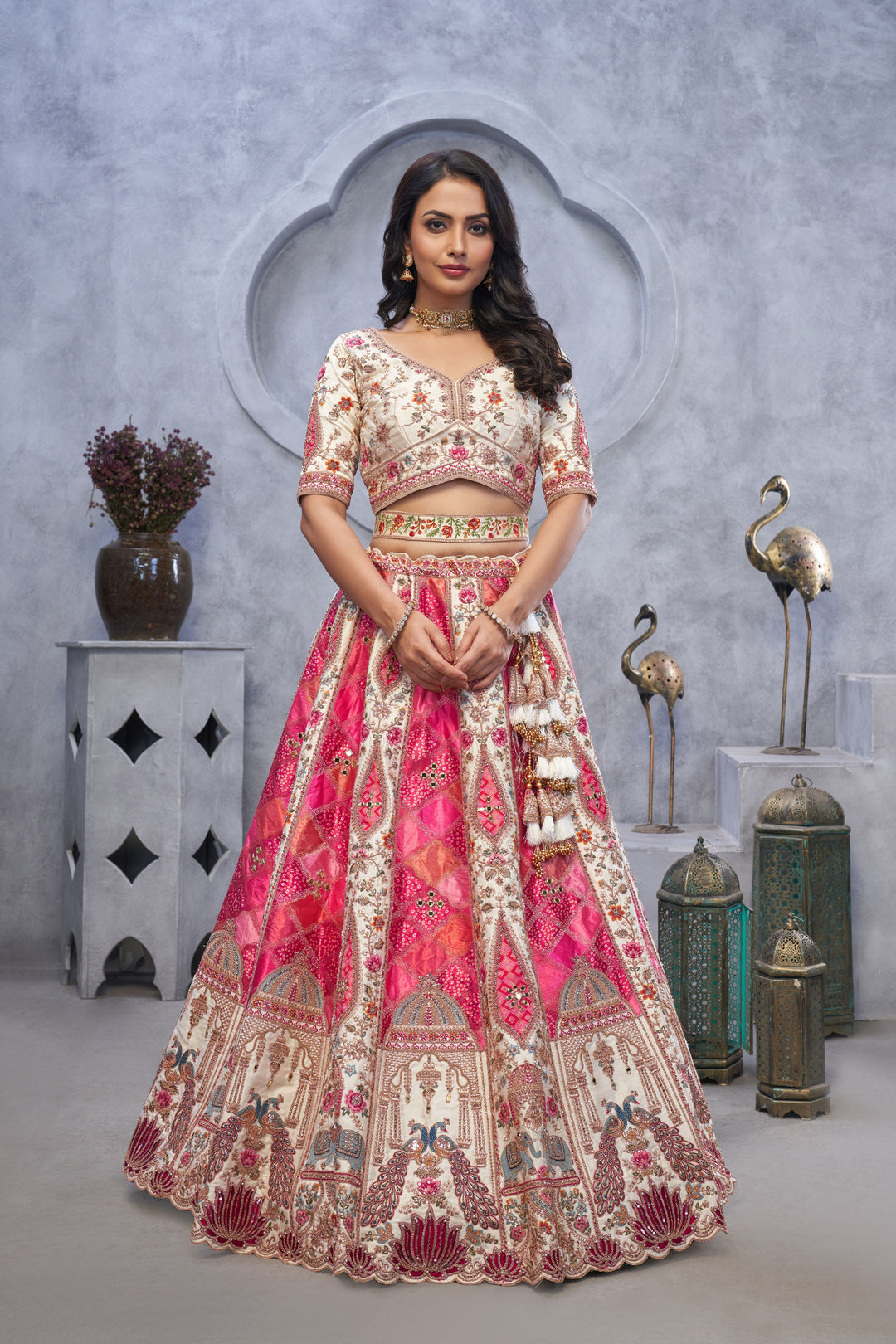 White and Pink Organza Lehenga Choli with Dupatta | Embroidery & Stone Work