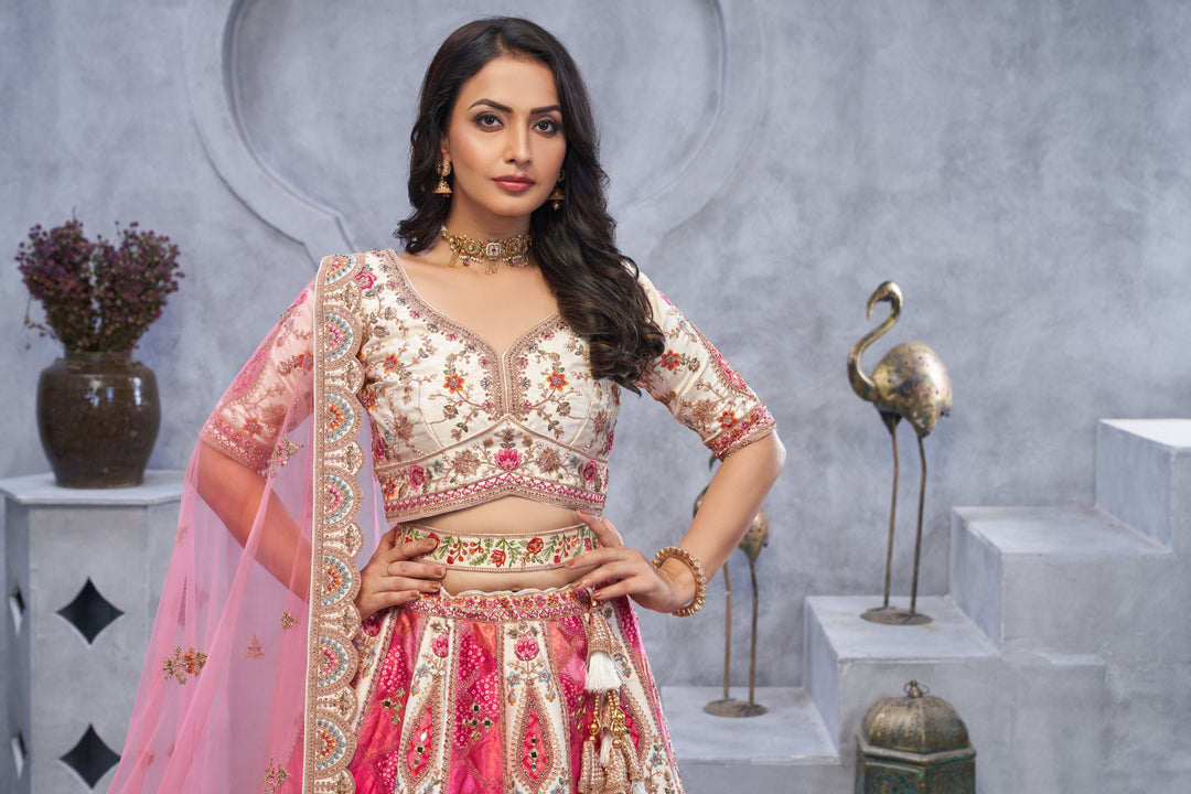 White and Pink Organza Lehenga Choli with Dupatta | Embroidery & Stone Work