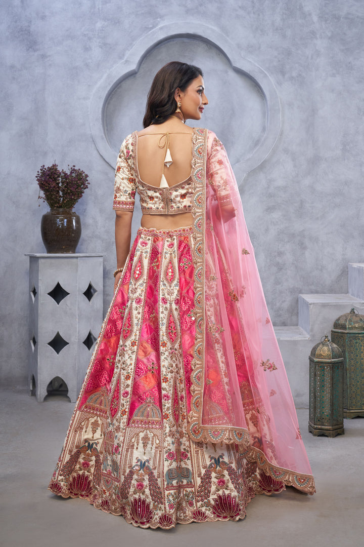 White and Pink Organza Lehenga Choli with Dupatta | Embroidery & Stone Work