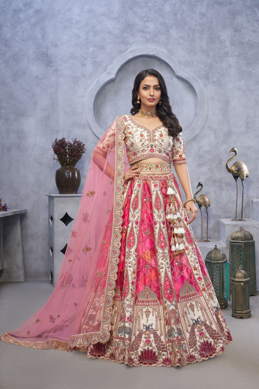 White and Pink Organza Lehenga Choli with Dupatta | Embroidery & Stone Work